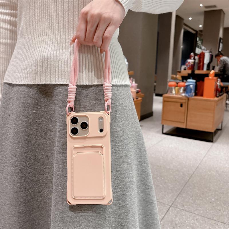 Short Rope Lanyard Phone Case For iPhone 17 Air 16 15 14 Plus 13 12 Mini 11 Pro Max X XR XS Max Card Clip Wallet Soft TPU Cover