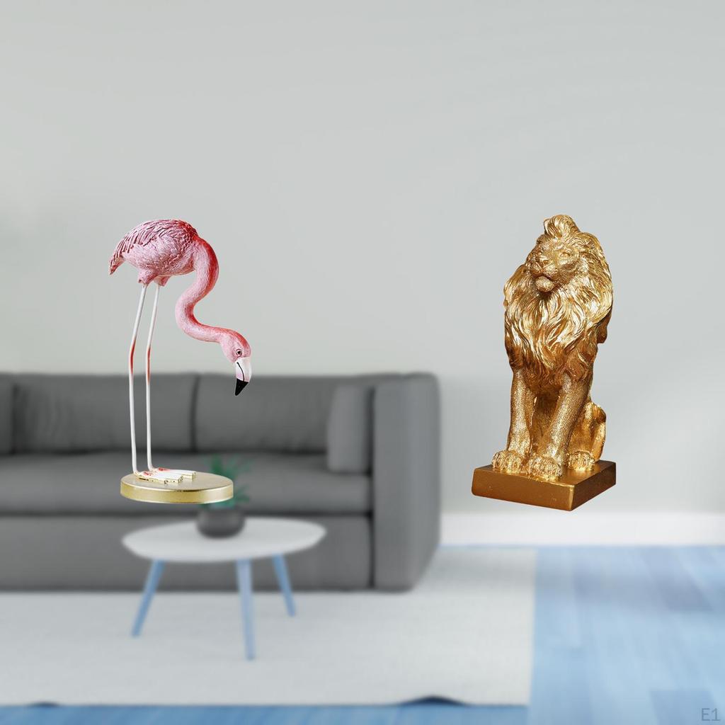 Flamingo Lion Resin Statue Bird Sculpture Modern Art Garden Figurine Metal Stand Collectible