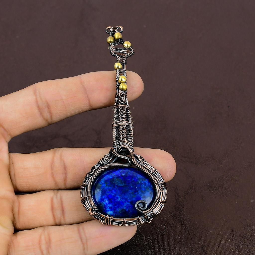 Natural Guitar Lapis Lazuli Stone Handmade Copper Wire Wrap Pendant 4.33" E4w79
