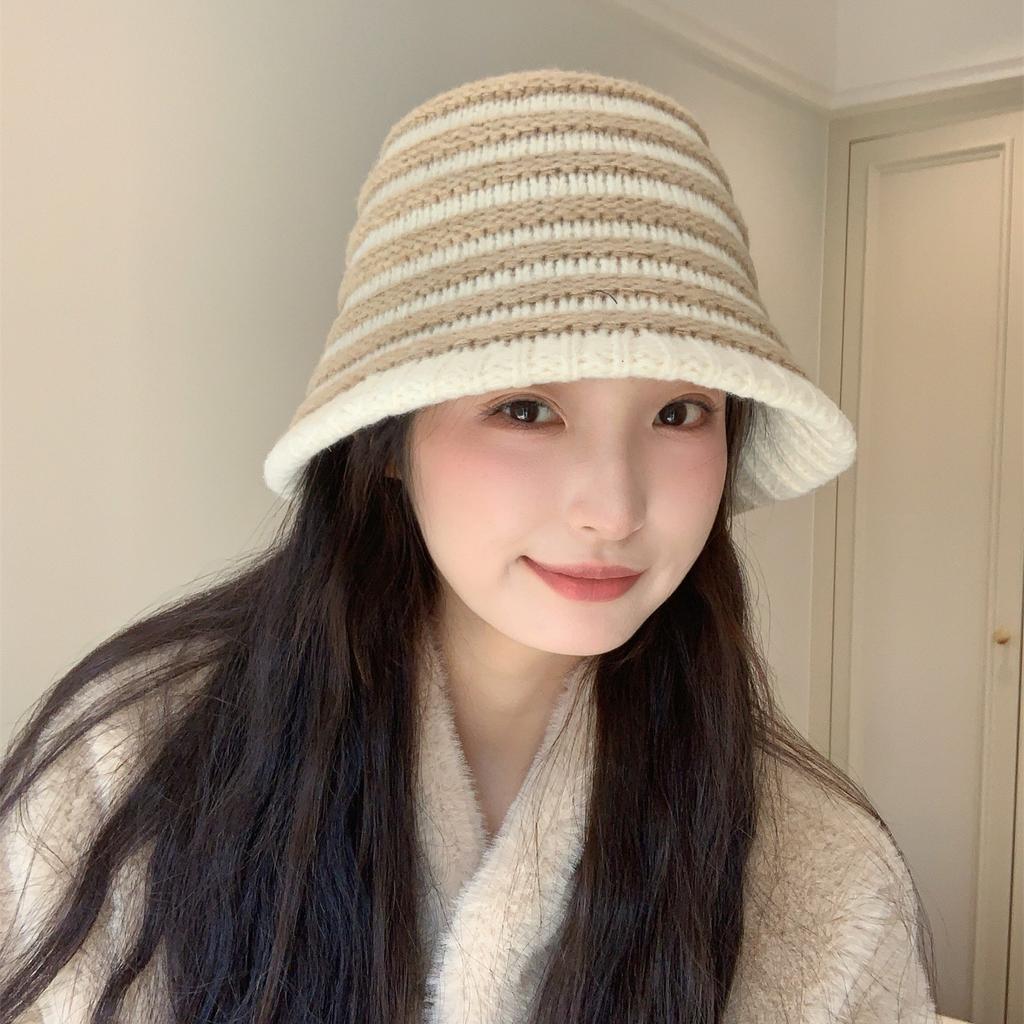 Sweet Knitted Striped Bucket Hat Women's New Autumn and Winter Wool Basin Hat