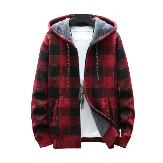 Zimowa męska bluza z kapturem Pluszowy dzianinowy płaszcz Długie rękawy Zapinana na zamek z kapturem Odzież wierzchnia Luźny krój Kraciasty wzór Gruba ciepła Podwójne kieszenie Sport Outdoor Praca Codzienna