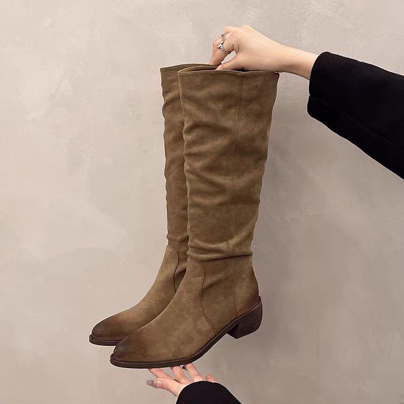 Fashion Women's Boots Stacked Pleated Temperament Middle Heeled Women Shoe Fashion Autumn Solid Color Long Tube Female High Knight Botas