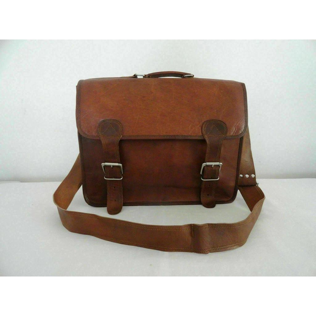 Real Satchel Bag Genuine Laptop Brown Briefcase Casual Goat Leather Messenger