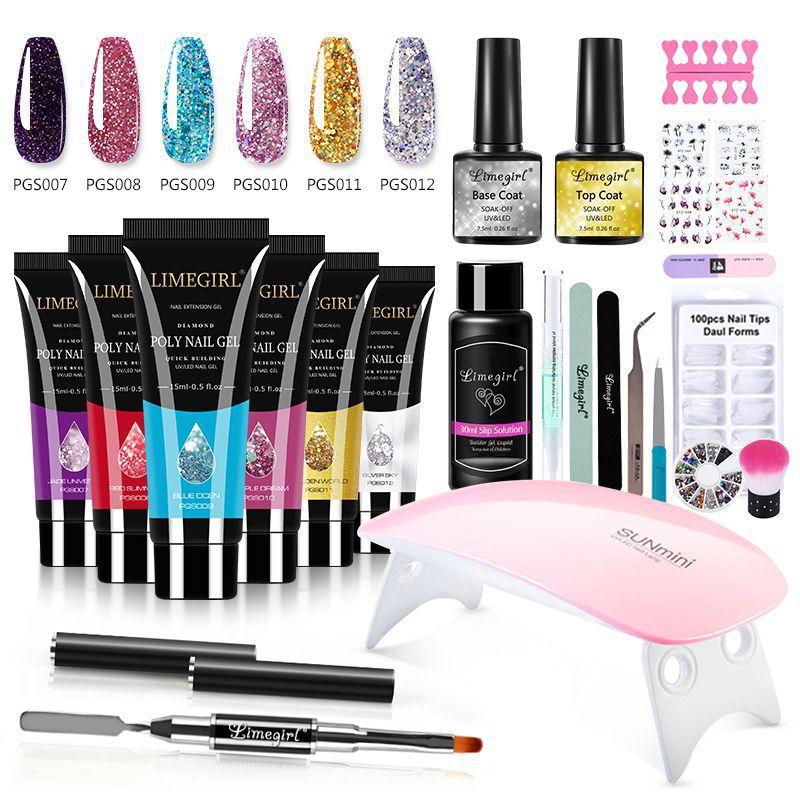 5 Color Gel Nail Polish Kit with Extender Gel, Cuticle Oil, LED Lamp, Cartoon Charms, Nail Tips, Tweezers Set