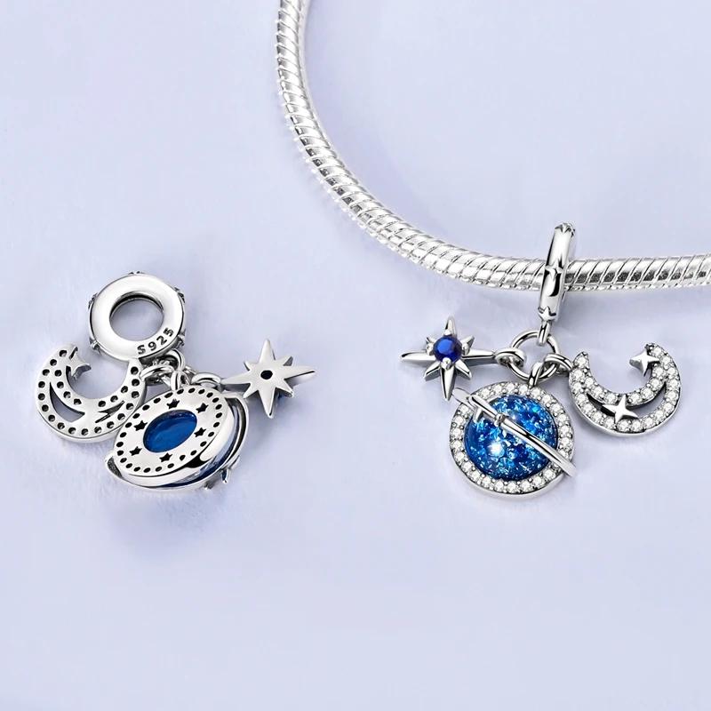 Blue Earth Series Copper Sparkling Star Heart Beads Charms Pendent Fits Original Bracelet Gift For Women