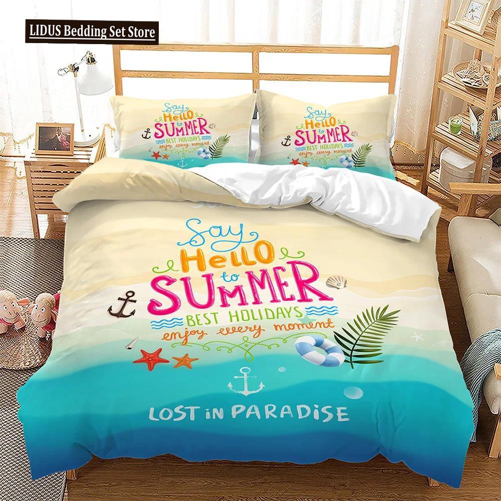 Sommerurlaub Thema Bettbezug Set King Queen Größe Strand Muschel Seestern Bettdeckenbezug für Kind Junge Mädchen Polyester Bettwäsche Set