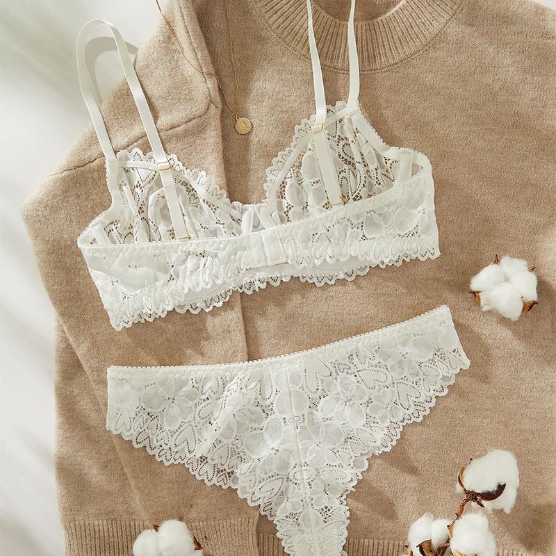 Sexy Lingerie Embroidered Lace Deep V Bra Gather Top Support Sexy Bra White Love Ultra-thin Sex Set