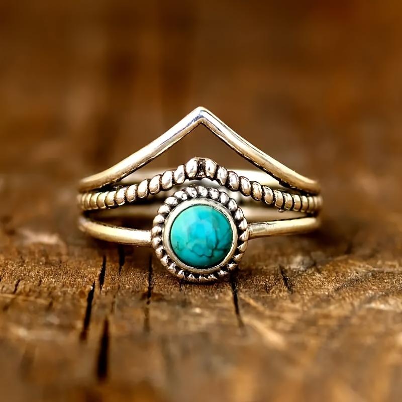 Vintage S925 Sterling Silver V-shaped Turquoise Ring for Women Bohemian Finger Ring Party Jewelry Gift