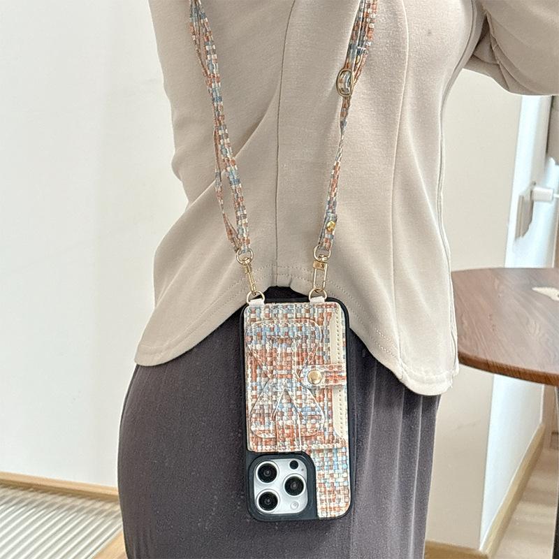 Plaid Wristband Card Holder Wallet Phone Case for Apple 17 Crossbody Cord for IPhone 16promax Leather Fashion