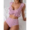 New Sexy Bikini Set Floral U-neck Ruffle Edge Backless Beach Hot Spring Swimsuit Women's Split Set Two Pieces Swimwear