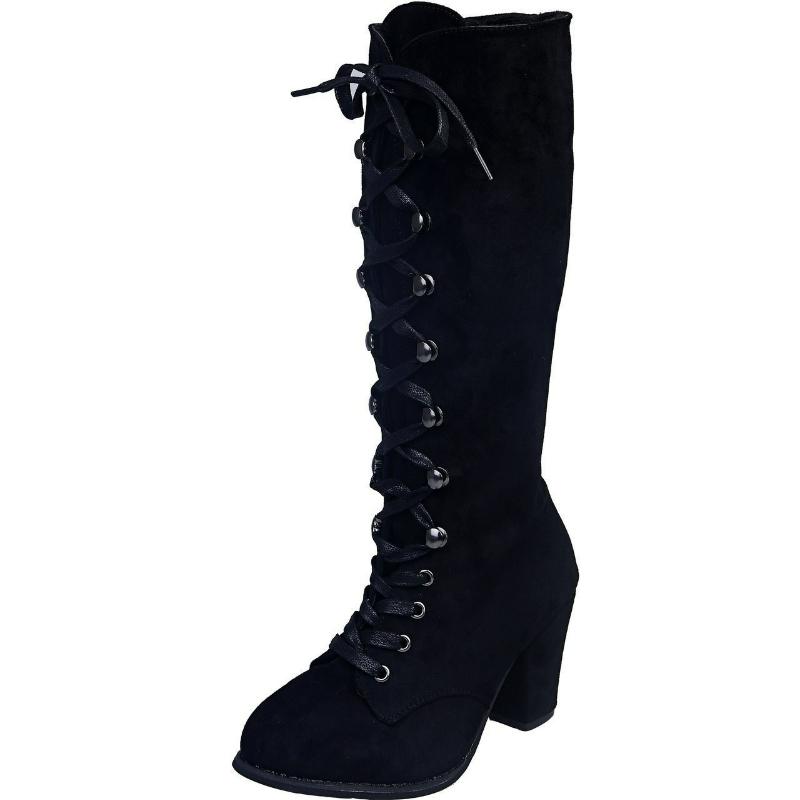 

Women s Boots Suede Long Boots 2026 Retro Round Toe Mid-Calf Boots Solid Color Cowboy High Heels Lace Up Thick Heels Women Shoes 35