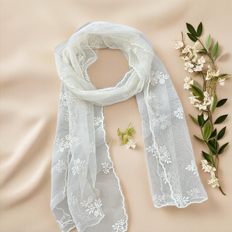 Thin Lace Long Elegant Beige Yarn Fresh and Sweet Solid Color Silk Scarf Women's French Retro Scarf Spring Summer and Autumn