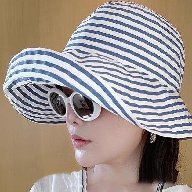 Sunscreen hat female elegant retro casual temperament webbing striped big brim fashion sunscreen bucket hat female