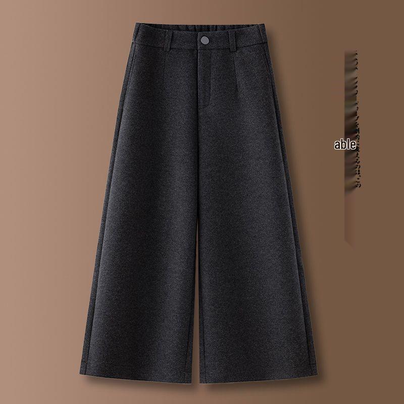 

Coffee-Colored Fleece-Lined Wool Blend Wide-Leg Petite Pants - New Style, Thickened, Eight-Tenths Length, Cashmere Straight-Leg for Women. L