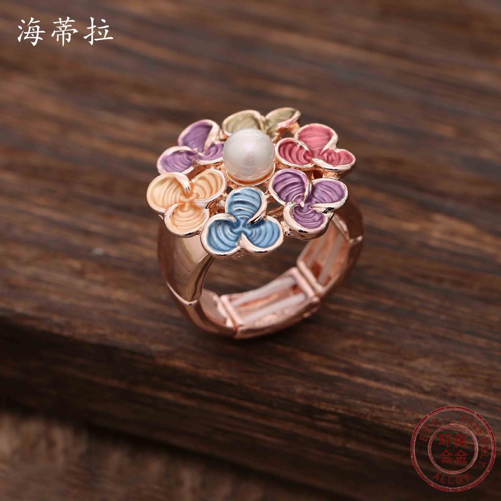 Bague fleur trèfle huile de couleur, bague élastique polyvalente pour femmes fleur colorée