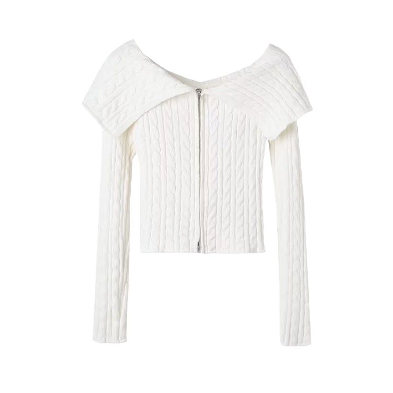Cable Stitch Large Lapel off-Shoulder Double-Headed Zipper Knitwear