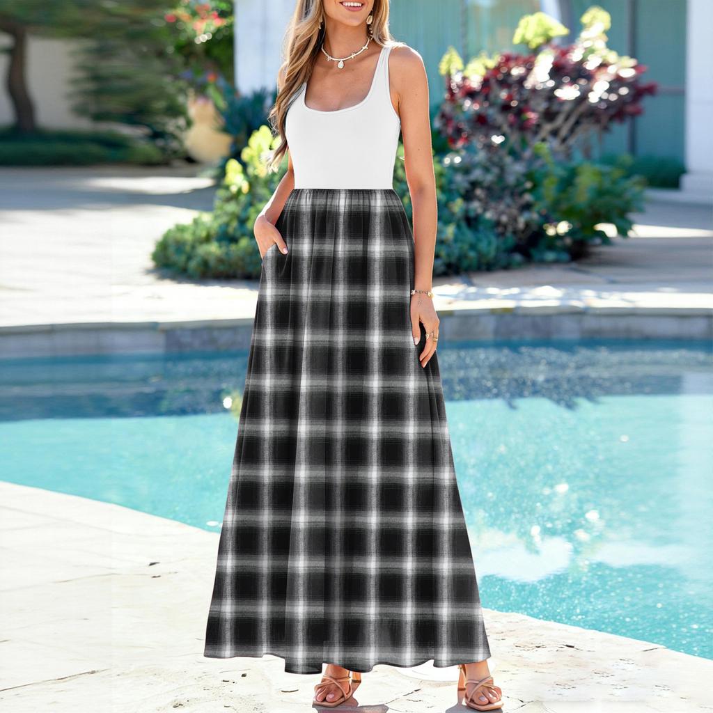 Ladies' Plaid Printed Summer Casual and Fashionable Sleeveless Long Dress