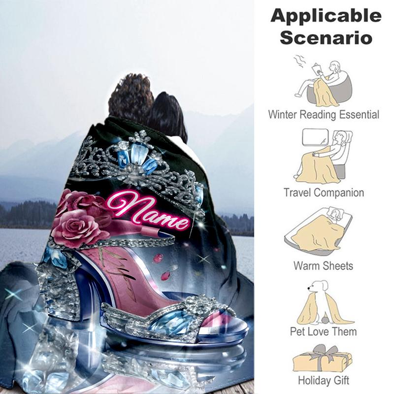 1PC Custom Name Royal Glamour Shoe outdooor Flannel blankets Throw Blanket All-Season Throw Gift Bedspread for Couch, Bed, Camping Holiday Birthday gi