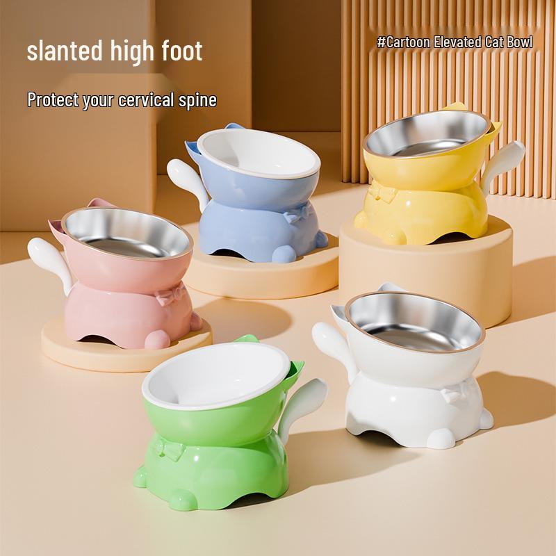 Slanted Anti-Spill Stainless Steel Cat & Dog Bowl, Cartoon Design