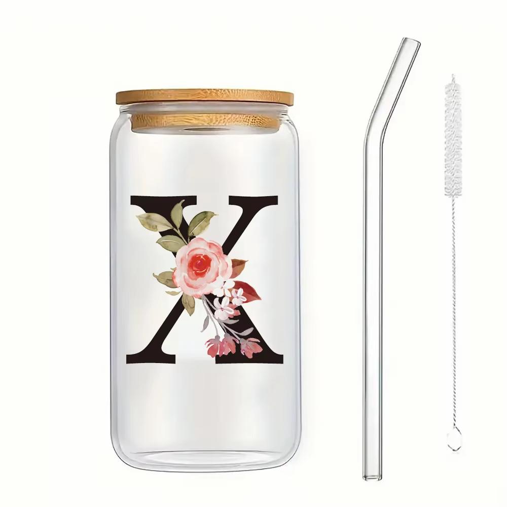 

500 мл Алфавит Цветы Стеклянные Чашки Буква AX Кофе Вода Сок Прозрачная Чашка с Крышкой Соломенная Кисточка День Святого Валентина Свадьба Дом Подарок 401-500ML