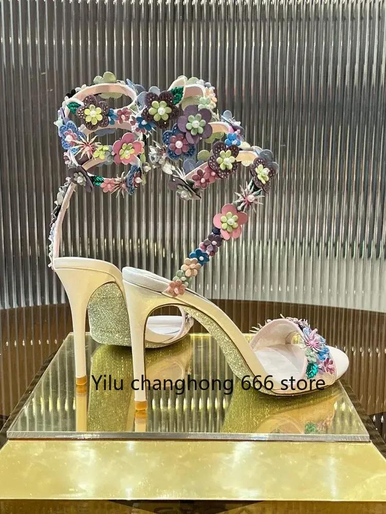 Snake-Shaped Winding Wedding Shoes Colorful Flowers Pearl Genuine Leather Luxury Sandals 2025 Summer Banquet Fashion Women Pumps