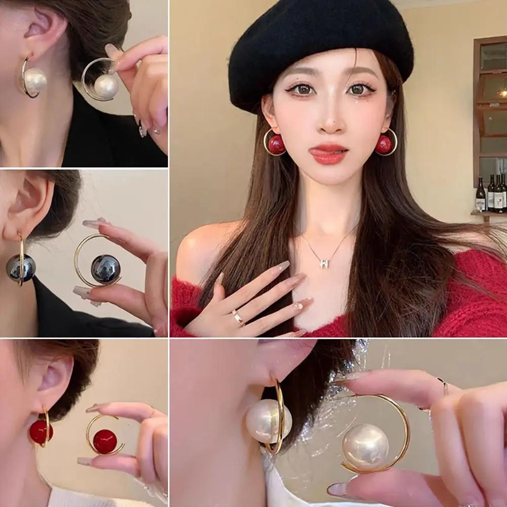 Fashion Imitation Pearl+Iron Imitation Pearl Earrings Exaggerated Geometric Charms Dangler Ear Studs Women Girls