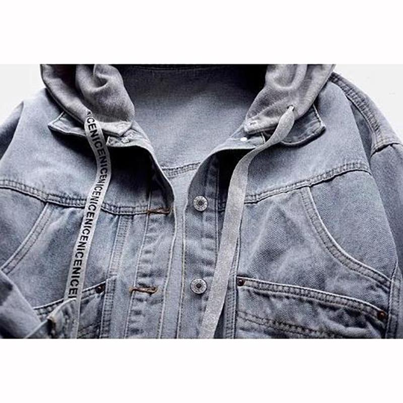 Spring Plus Size Blue Deconstructable Hooded Turn Down Collar Jean Coat Jacket Women Loose Outwear