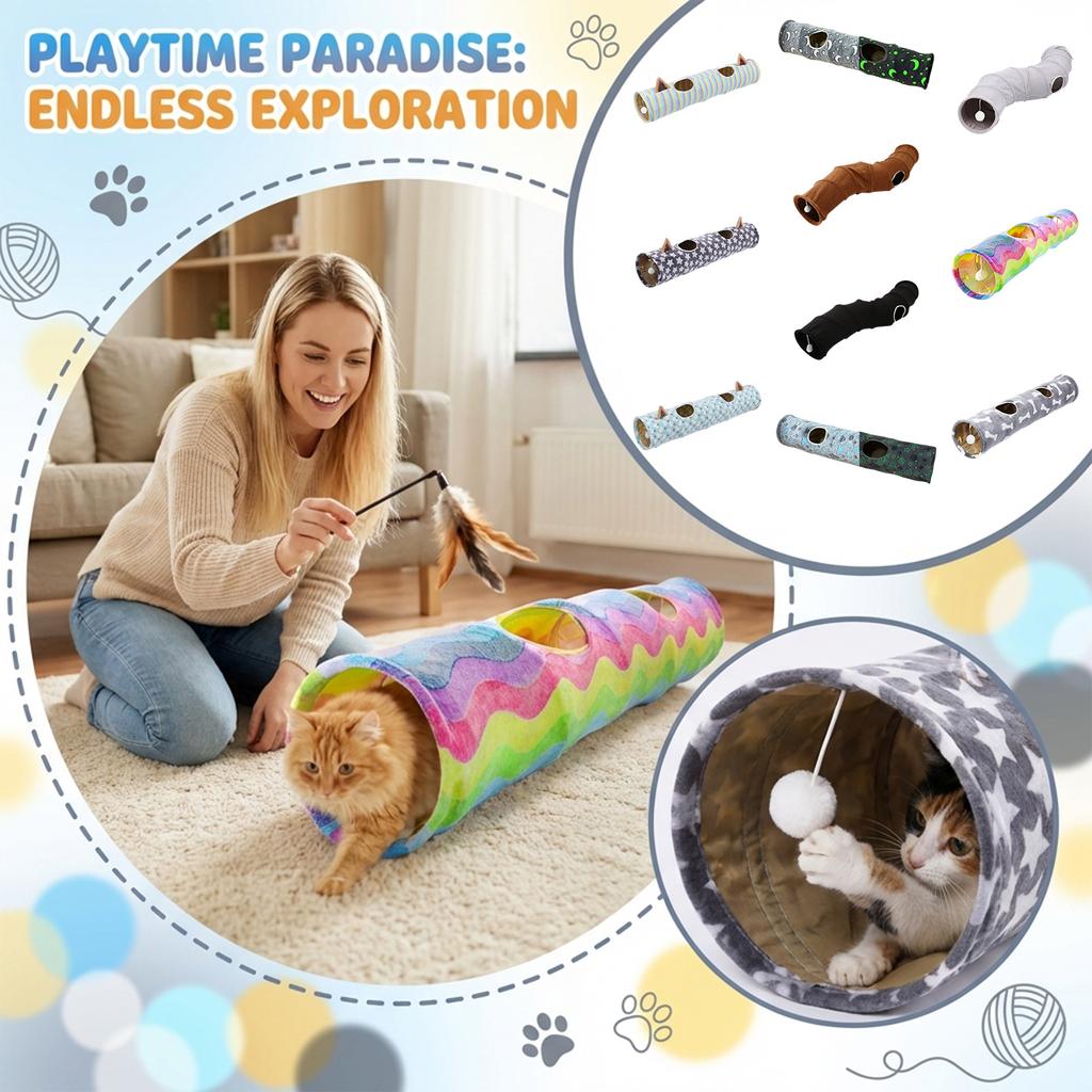 Túnel para Gatos com Orelhas de Gato, Tubo Interativo para Gatos com Bola Suspensa, Brinquedo para Gatos Auto-Brincável com Som de Amassar para Gatos de Interior, Gatinhos, Filhotes, Coelhos