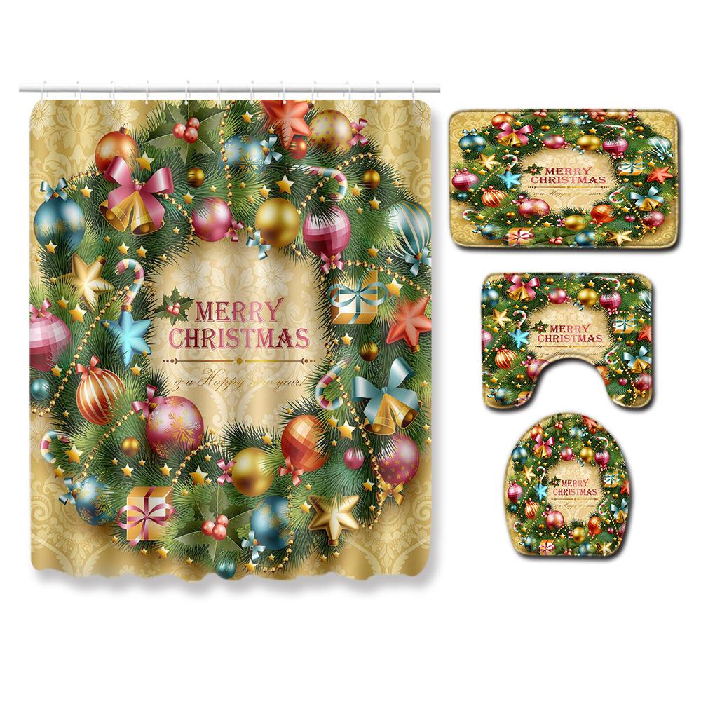 Christmas Four-Piece Shower Curtain Combination Floor Mat Set Bathroom Non-Slip Door Mat Absorbent Carpet