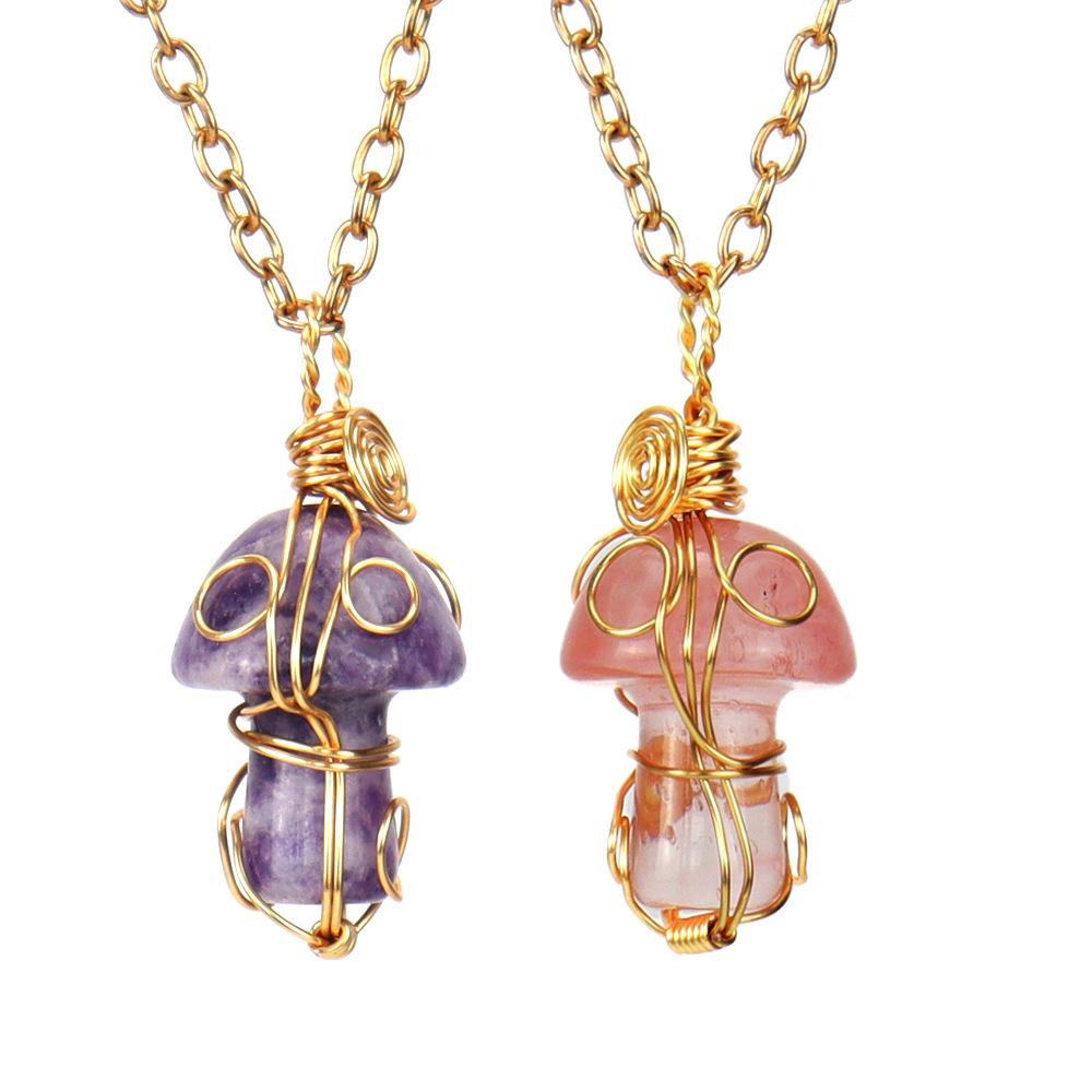 Handmade Gold Winding Crystal Tiger Stone Agate Small Mushroom Pendant Necklace Jewelry N588