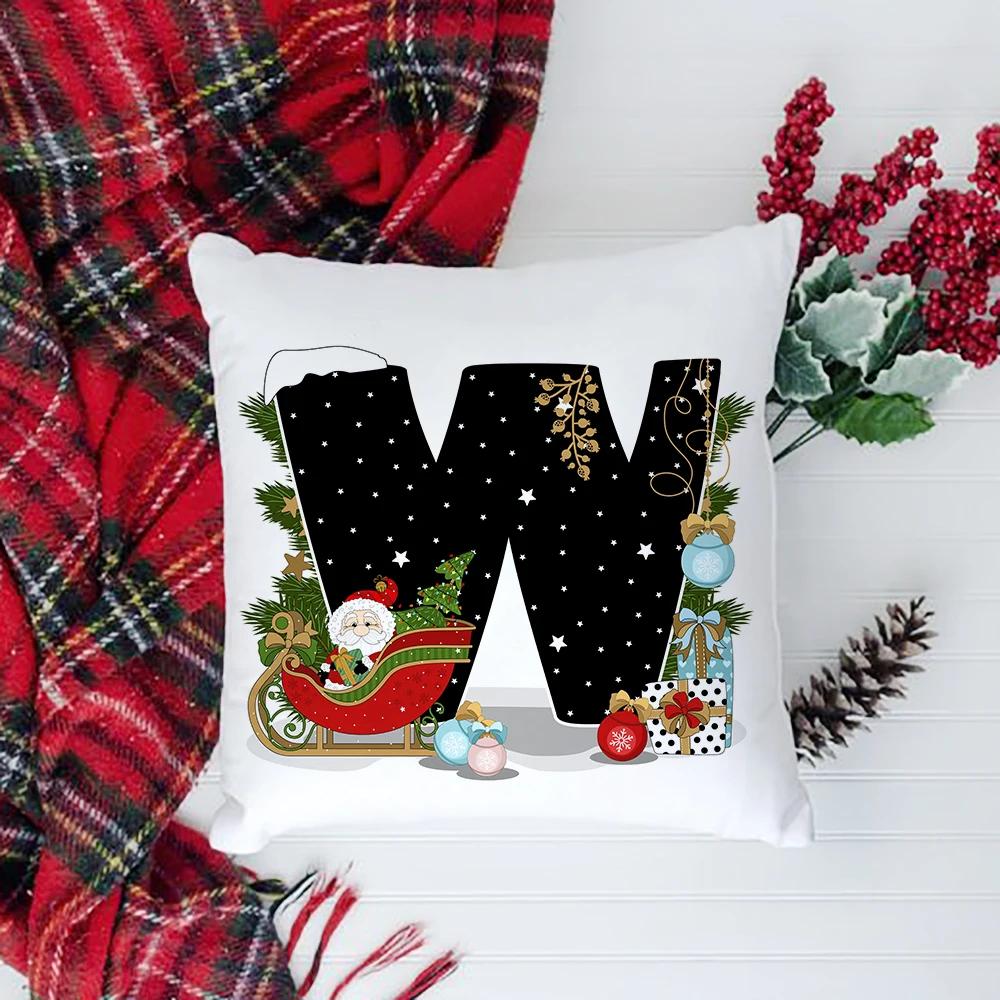 Christmas Cushion Cover Alphabet A-Z Pillow Covers Cute Cartoon Santa Claus Cushion Cover Pillowcases Home Xmas Decoration