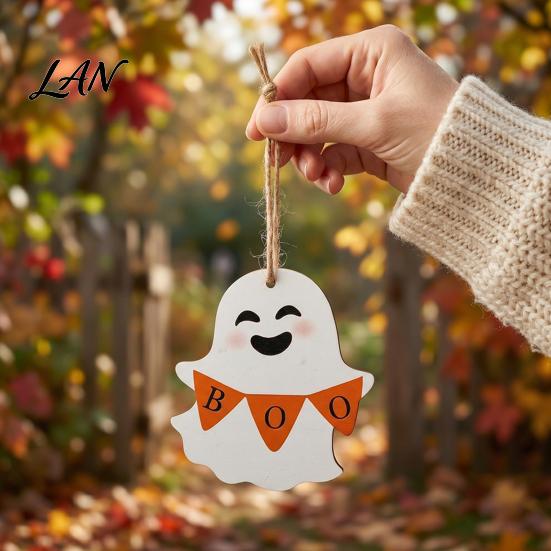 Halloween Tree Ornaments Ghost Wooden Hanging Sign with Hemp Rope, Cute Rustic Decorations Pendants for Home Party Wall Decorative Wood Signs