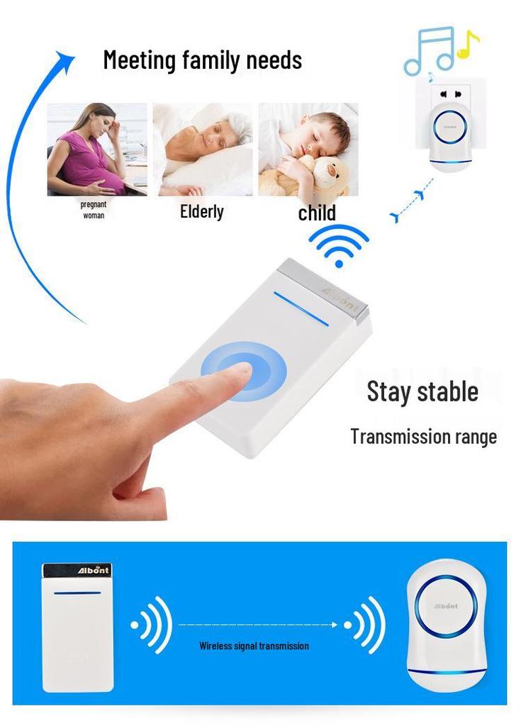 Wireless Smart Music Doorbell with Dual Alerts and Long-Range Elderly Call Button - Battery-Free