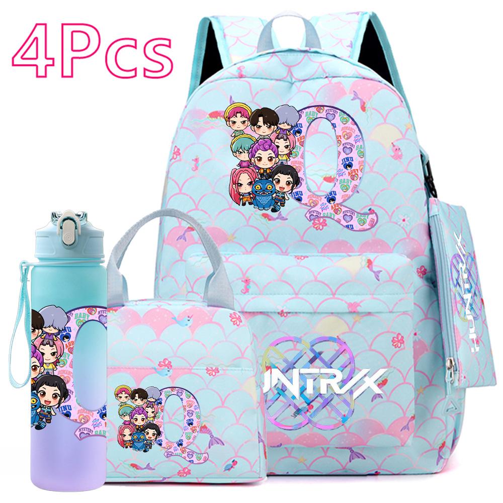 4 st/set 26 engelska bokstäver K-POP Tryckt Ryggsäck med Handväska Pennfodral 750 ml Vattenflaska för Tonåring Elev Pojke Flicka Stor Kapacitet Skolväska