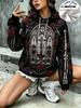 Women Black Gothic Skeleton Red Purple Rose Floral Print Hoodie Warm Fleece Lined Drawstring Pocket Pullover