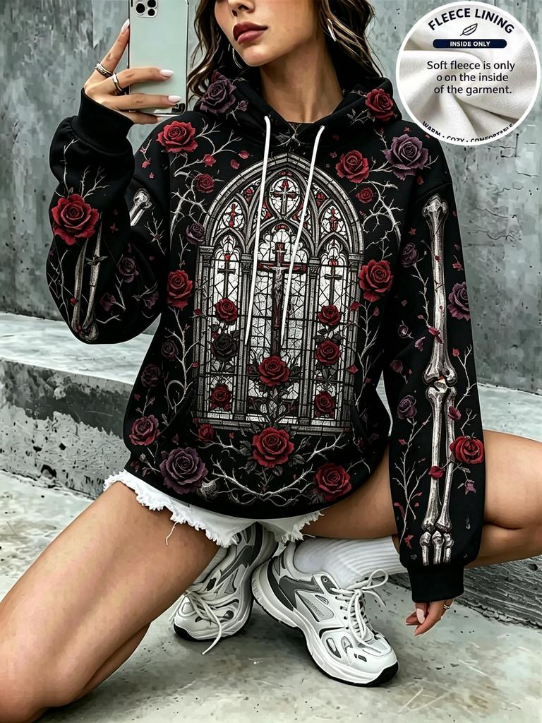 Women Black Gothic Skeleton Red Purple Rose Floral Print Hoodie Warm Fleece Lined Drawstring Pocket Pullover