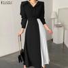 ZANZEA Women Casual Turn Down Collar 3/4 Sleeve Loose Splice Dress