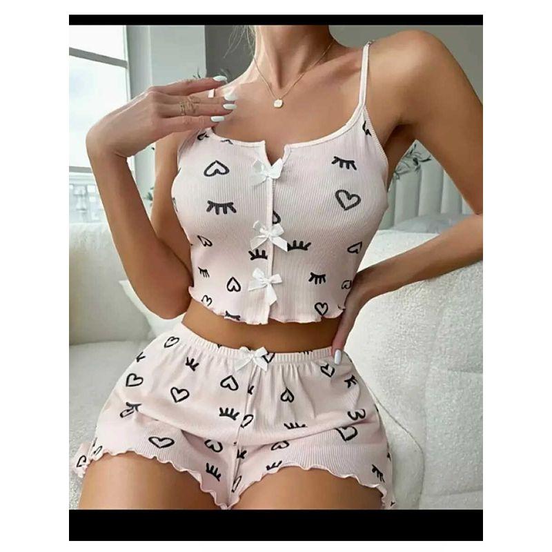 

Top, Shorts, Women s Pajamas Print Pajamas Suit V-neck Strap Tops Shorts Ladies Pink Eyelash Heart L