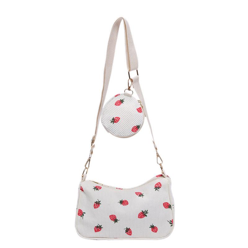 Corduroy Strawberry Print Shoulder Bag Fashion Girl Pillow Bag For Daily Casuals