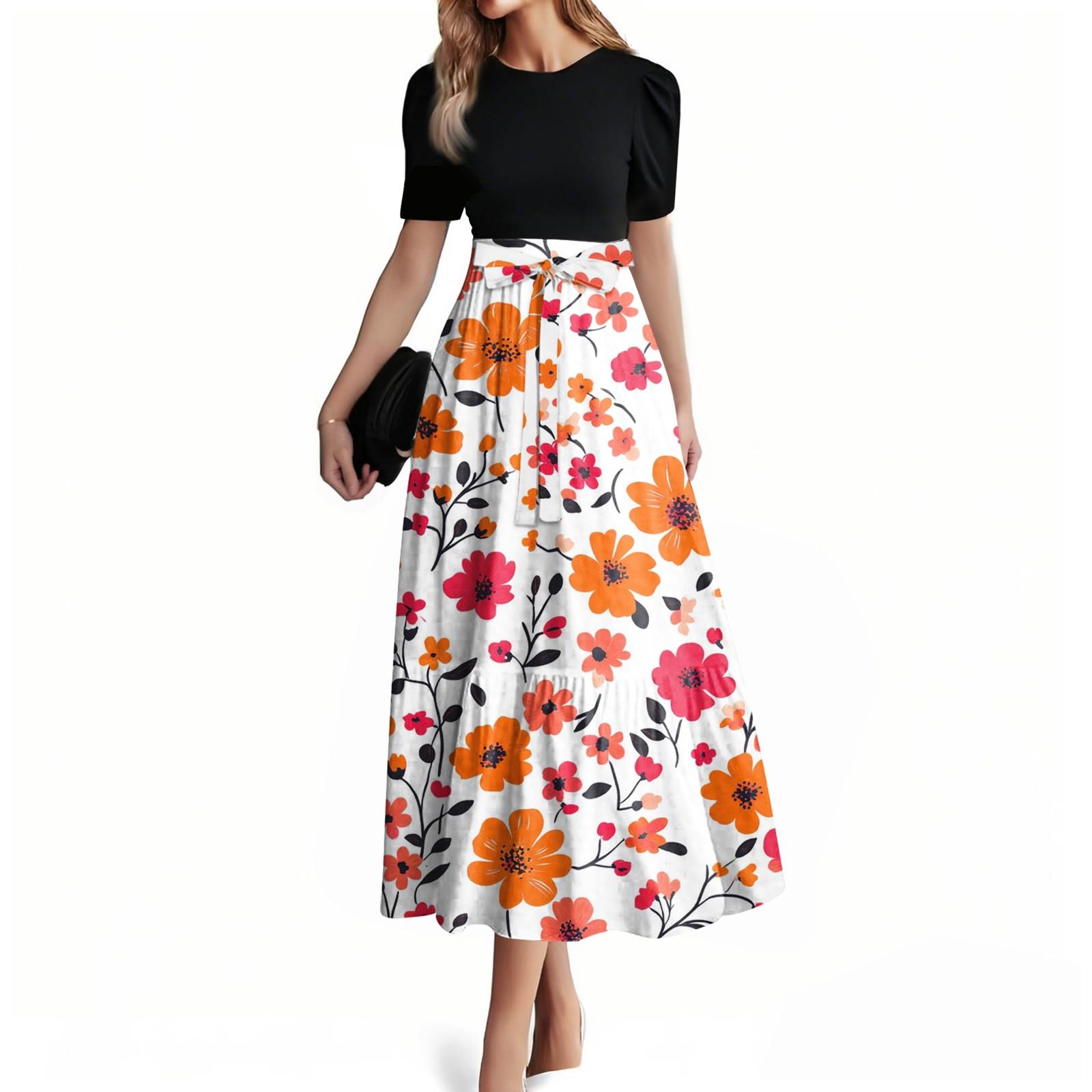 

Жіноча мода випадковий пояс короткий рукав круглий виріз шиття елегантний темперамент сукня XL кавун червоний колір