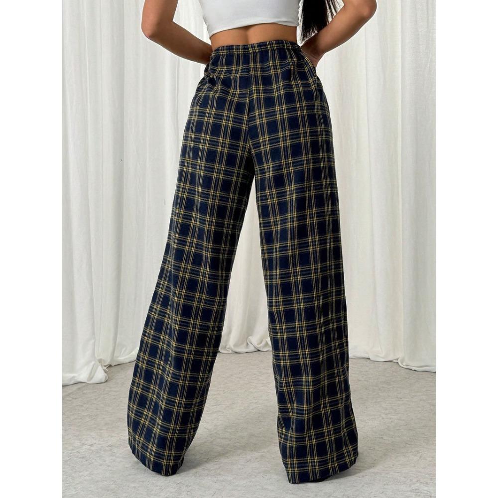 Women's Plaid Trousers, Casual Straight-Leg Pants, Wide-Leg Pants, Student-Friendly, Comfortable