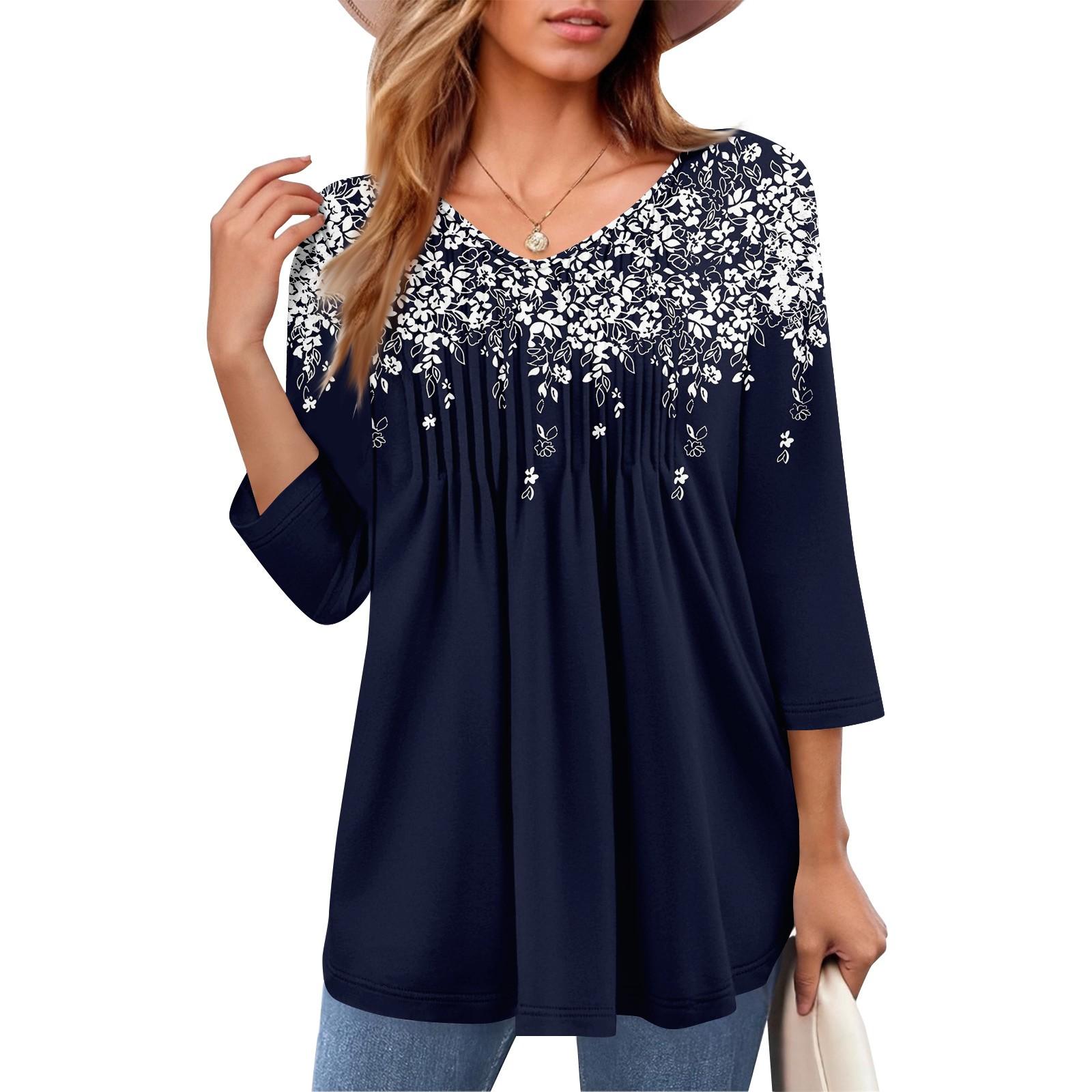 

Женские топы с V-образным вырезом и рукавом три четверти в полоску, плиссированные, повседневные, летние, модные, рубашки XL