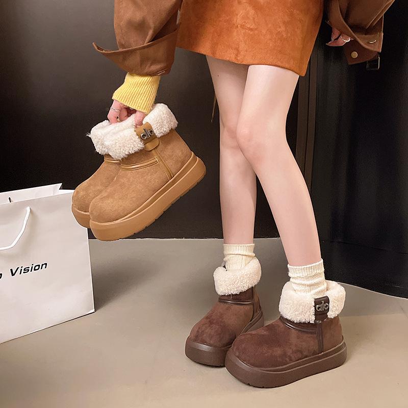 Women's hairy mouth elastic thick sole winter fur one warm cold padded snow boots non-slip wear casual sports short cotton boots Le Fu shoes