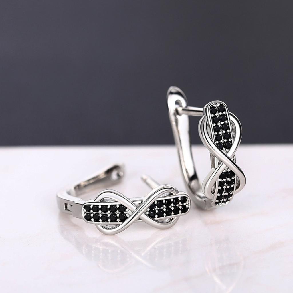 Infinity Design Huggie Hoop Earrings for Women with Black Stone Accents Silver Tone Earrings for Daily and Night Out