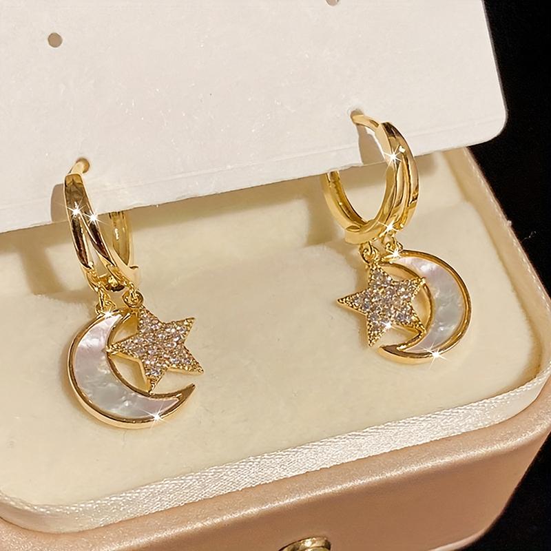 Huitan Fancy Star Moon Drop Earrings for Women Gold Color Aesthetic Wedding Bridal Jewelry White Enamel Accessories Inlaid CZ