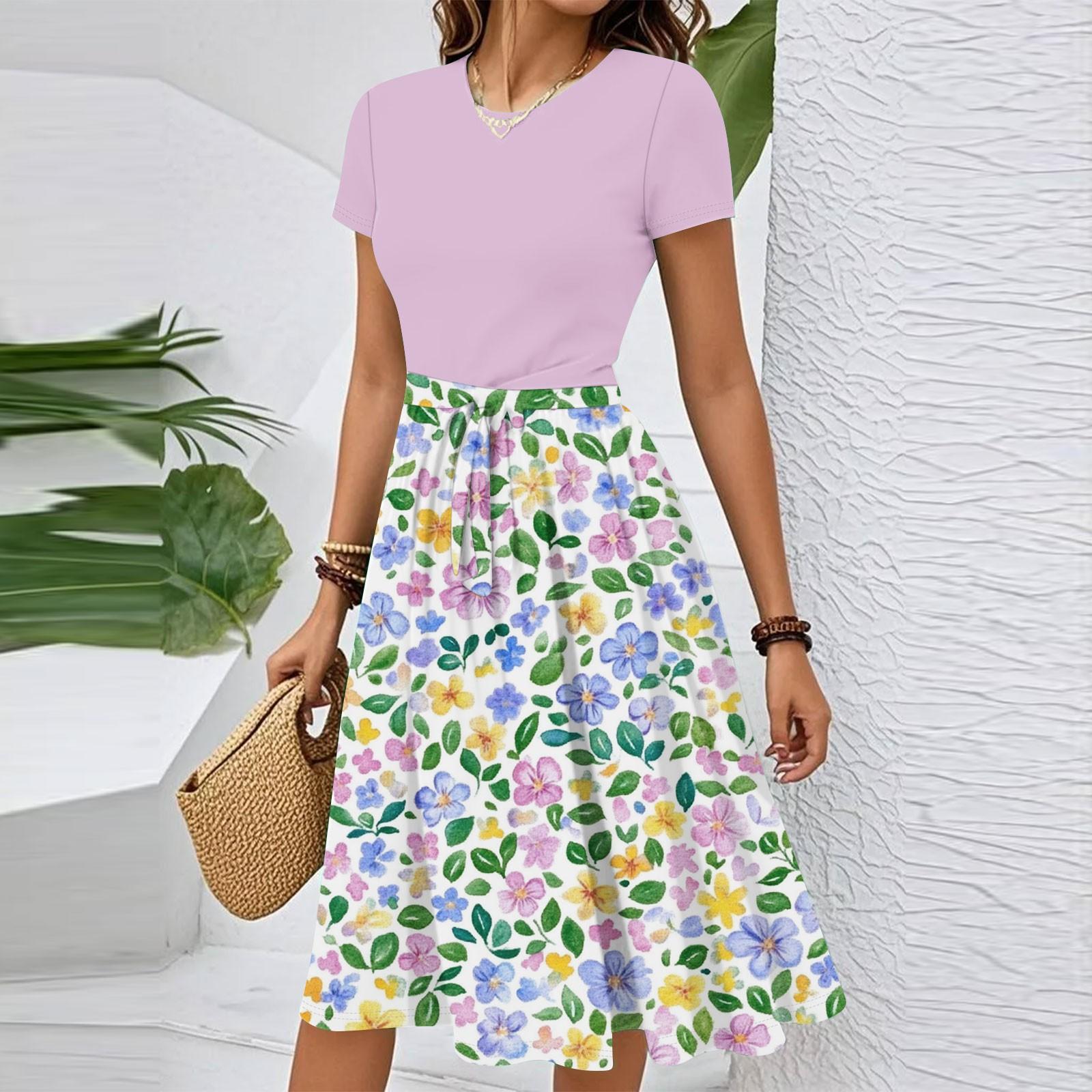 

Жіноча повсякденна модна сукня з поясом, з квітковим принтом, з коротким рукавом, з круглим вирізом, елегантна, струмуюча XXL