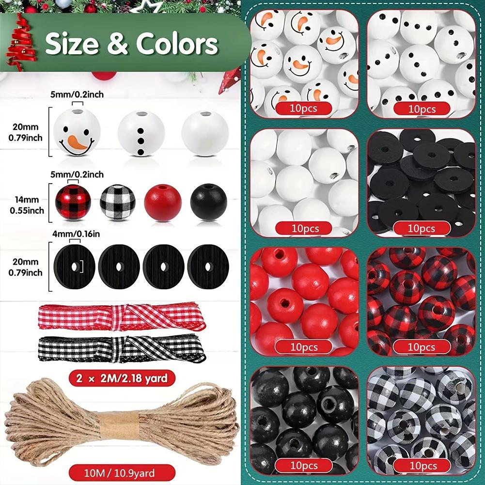 80Pcs Christmas Snowman Wooden Bead with Twine Scarf Christmas Theme DIY Beaded Set for Christmas Atmosphere Gift Making