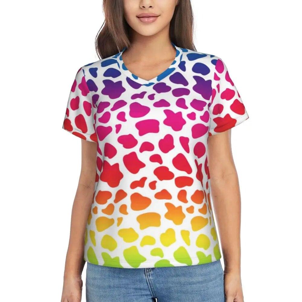 

Футболки з візерунком корови, чорні плями, принт з V-подібним вирізом, повсякденна оверсайз-футболка з короткими рукавами, жіноча естетична футболка, літній дизайн, топи M