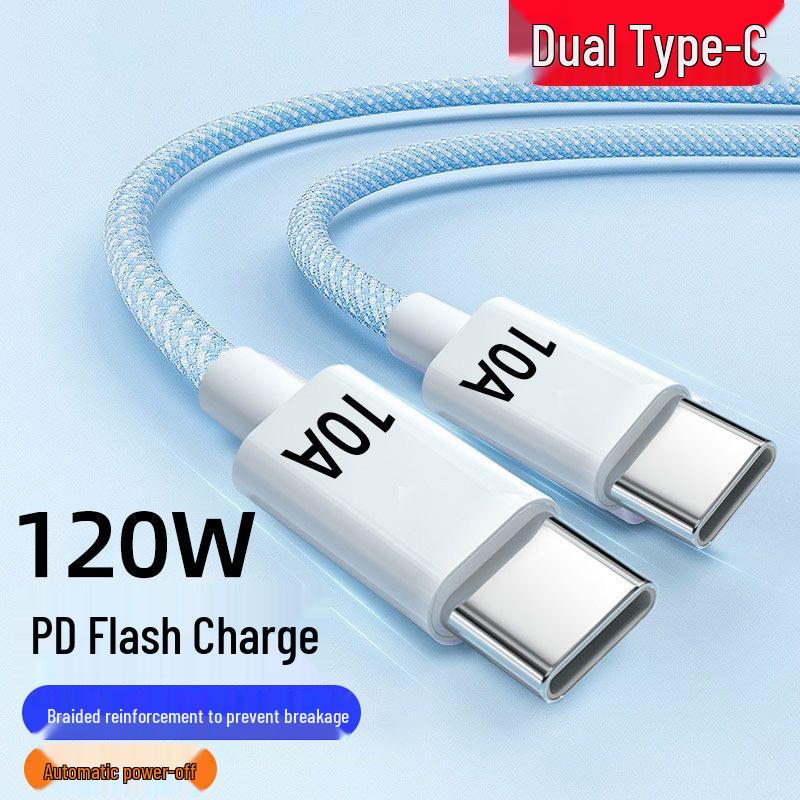 120W Fast Charging Dual Type-C Braided Cable, Compatible with Apple 15/16, Huawei Laptops, and 10A Charging