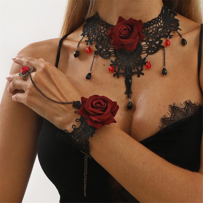 2pcs Gothic Lace Choker Necklace Finger Rings Bracelet Halloween Costume Accessories Jewelry for Women Girls Gift
